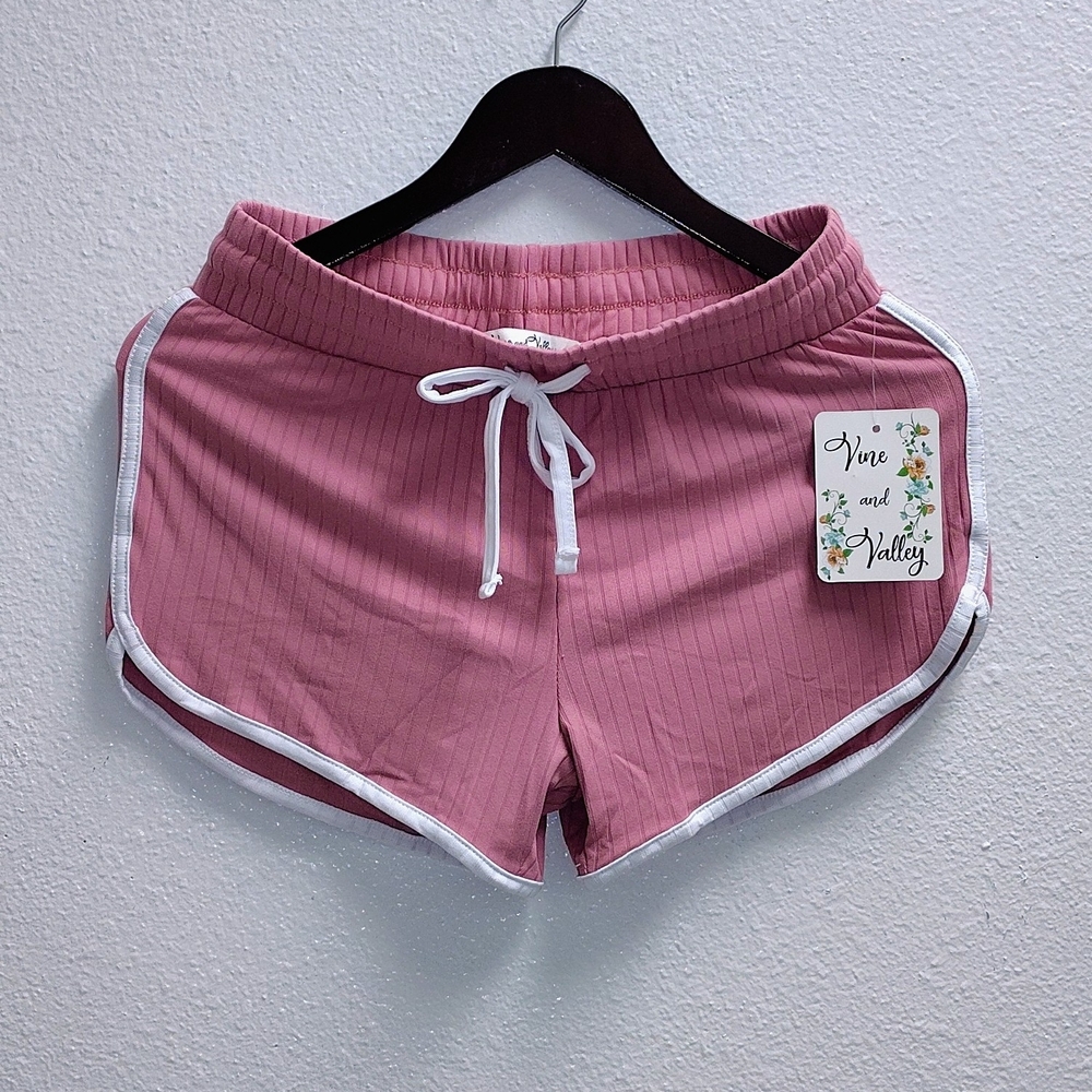 Pink Athletic Shorts with White Trim and Drawstring